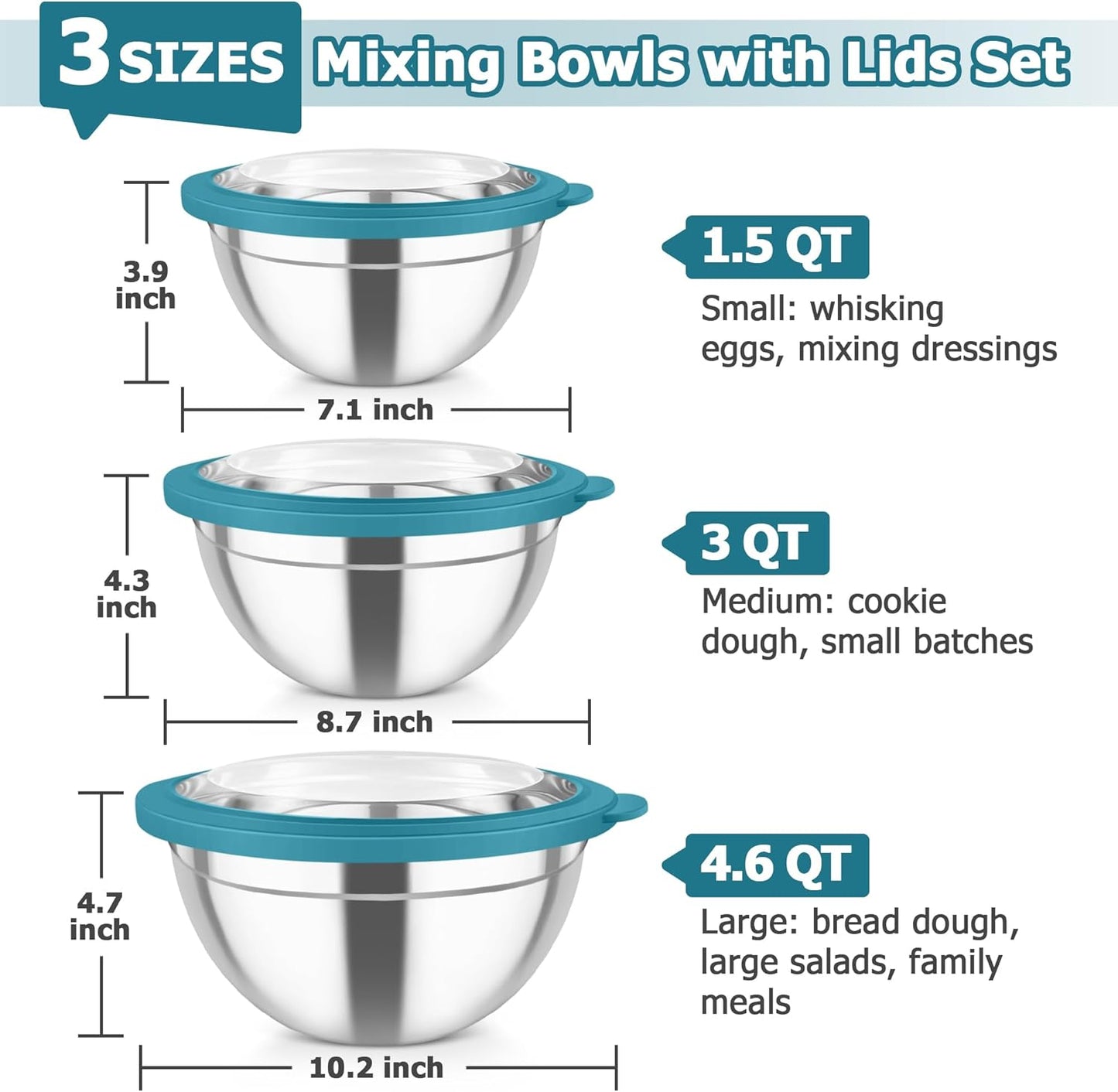 TeamFar Mixing Bowls with Lids, 4.5/3/1.5 QT Stainless Steel Nesting Salad Bowls with Airtight Lids, For Serving/Mixing/Storing/Prepping, Healthy & Sturdy, Visible & Easy Clean, Khaki, Set of 3
