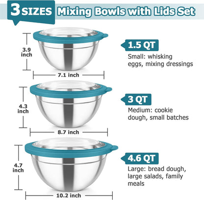 TeamFar Mixing Bowls with Lids, 4.5/3/1.5 QT Stainless Steel Nesting Salad Bowls with Airtight Lids, For Serving/Mixing/Storing/Prepping, Healthy & Sturdy, Visible & Easy Clean, Khaki, Set of 3