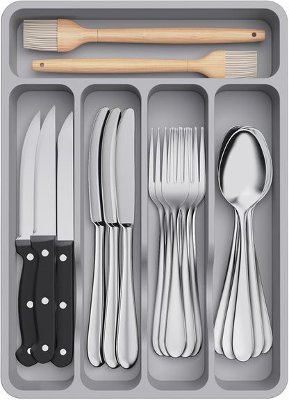 Lifewit Silverware Drawer Organizer Tray, Plastic Cutlery Storage for Kitchen, Flatware and Utensil Holder Divider for Spoons Forks Knives Tableware, 9.1 x 12.6", 5 Slots, Black