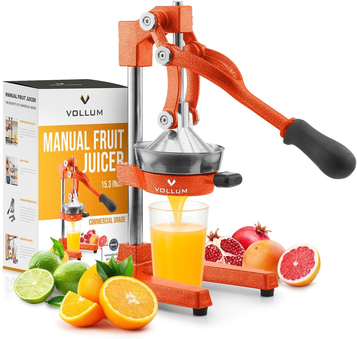 Vollum Hand Press Manual Citrus Juicer - citrus squeezer Commercial Grade Home Orange juice Squeezer for Oranges, Lemons, Limes - Stainless Steel and Cast Iron Non-skid Suction Cup Base- 15 Inch, Gray