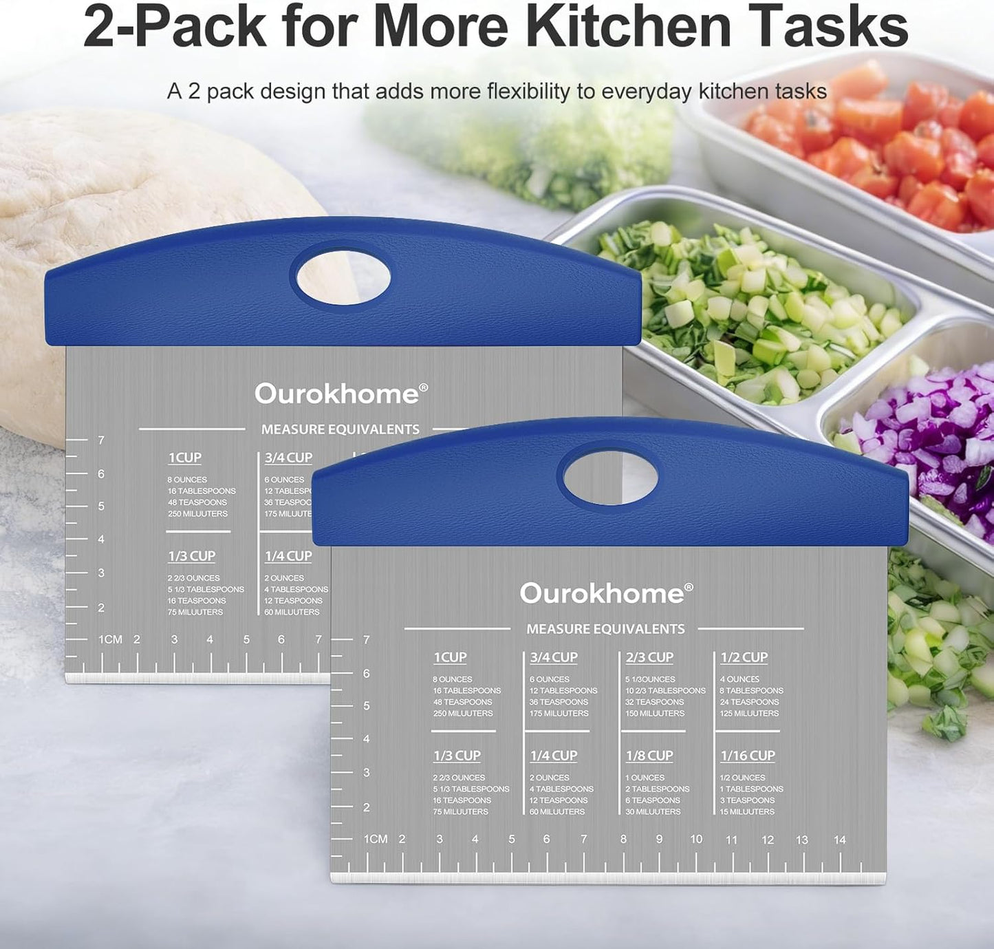 Ourokhome 2 Pack Bench Scraper Dough Cutter, Stainless Steel Dough Scraper with Laser-Etched Scale, Conversion Chart, Non-Slip Handle, Dishwasher Safe for Bread & Pastry, Black
