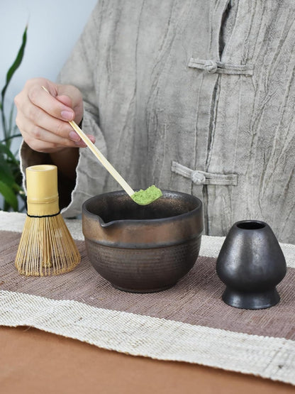 Artcome 4 Pcs Complete Matcha Ceremony Kit - Japanese Bowl With Pouring Spout, Whisk, Holder, Scoop - Tea Set for Making Usucha, Koicha and Latte (Green)