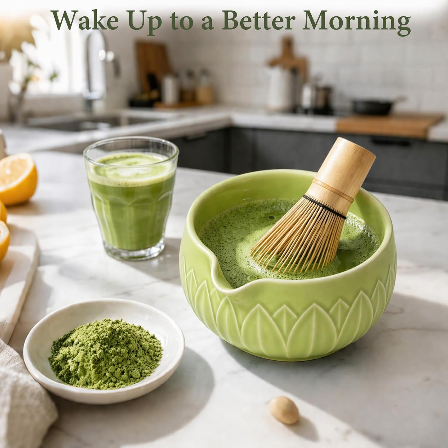 Matcha Whisk Set, Ceramic Matcha Set Includes Bowl & Holder, Bamboo Whisk (Chasen), Scoop, Spoon and Sifter, 6PCS Matcha Kit Covers Everything Needed for Making Matcha (Green)