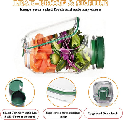 Salad Jar with Side Opening - Leakproof Salad Container & Pod, Mason Jar with Dressing Cup, Portable Lunch Container for Meal Prep, Dishwasher & Freezer Safe, for Office, Gym(Green)