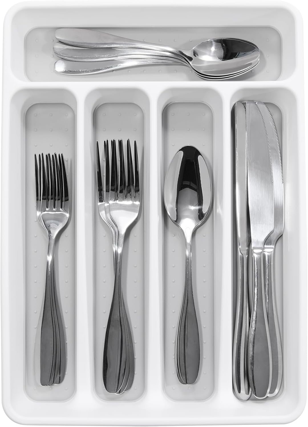madesmart Small Silverware Tray, Compact 5 Compartment Flatware Organizer for Forks, Knives & Spoons, Non Slip, Soft Grip Lining, Fits Small Drawers, White