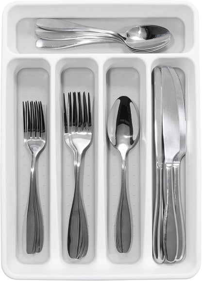 madesmart Small Silverware Tray, Compact 5 Compartment Flatware Organizer for Forks, Knives & Spoons, Non Slip, Soft Grip Lining, Fits Small Drawers, White
