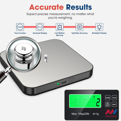 Mik-Nana Food Scale, 22lb Digital Kitchen Scale with 7 Units LCD Display & Tare Function, Stainless Steel Weight Grams and Ounces for Baking, Cooking and Meal Prep (Batteries Included)
