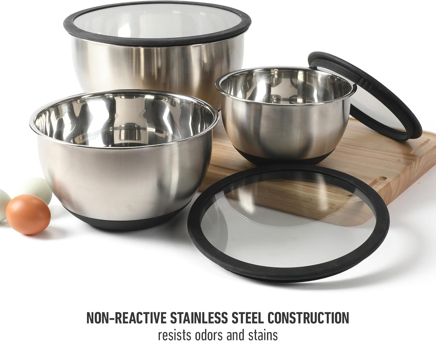 Calphalon Orbit 3 Piece Mixing Bowl Set with Acacia Wood Lids, Nesting Kitchen Mixing Bowls for Baking, Cooking, Meal Prep and Food Storage, Durable Design with Airtight Style Covers