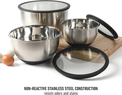 Calphalon Orbit 3 Piece Mixing Bowl Set with Acacia Wood Lids, Nesting Kitchen Mixing Bowls for Baking, Cooking, Meal Prep and Food Storage, Durable Design with Airtight Style Covers