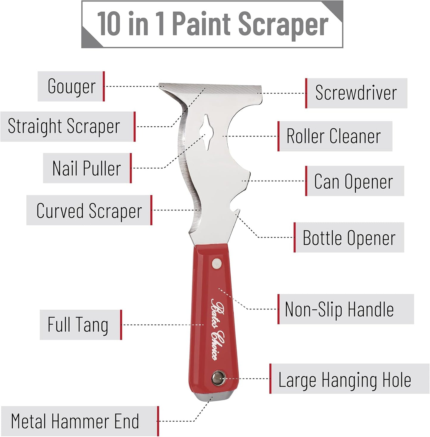 Bates- Paint Scraper, 10 in 1 Painters Tool, Paint Scrapers for Wood, Painters Tool, Painters Knife, Paint Scraper for Painting, Putty Knife, Metal Scraper, Spackle Tool, Putty Scraper, Knife Scraper