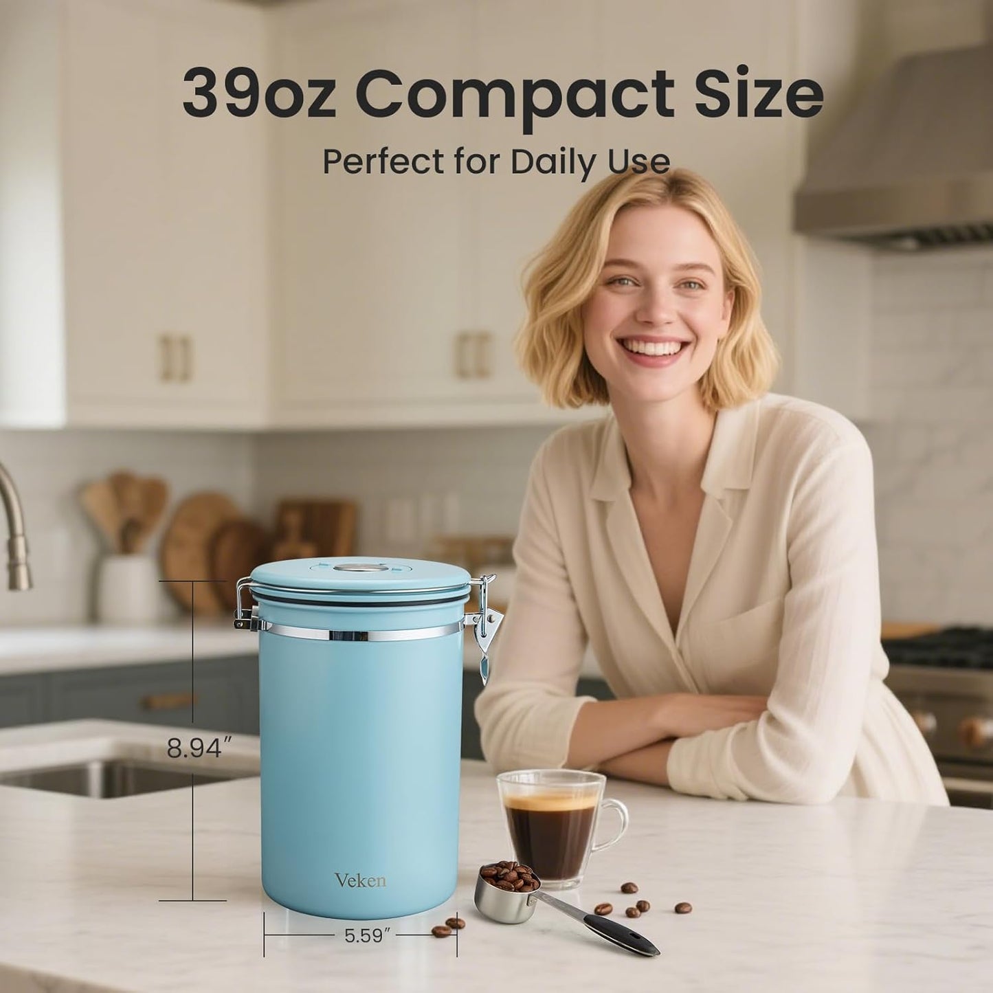 Veken Coffee Canister, Airtight Stainless Steel Kitchen Food Storage Container with Date Tracker and Scoop for Beans, Grounds, Tea, Flour, Cereal, Sugar, Cookie, 16OZ, Cream
