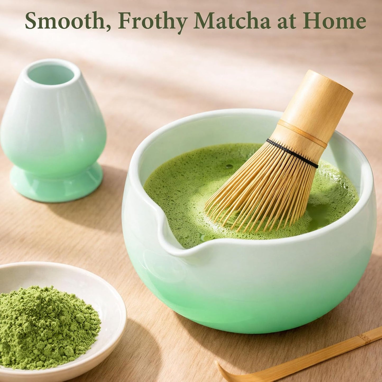 Matcha Whisk Set, Ceramic Matcha Set Includes Bowl & Holder, Bamboo Whisk (Chasen), Scoop, Spoon and Sifter, 6PCS Matcha Kit Covers Everything Needed for Making Matcha (Green)
