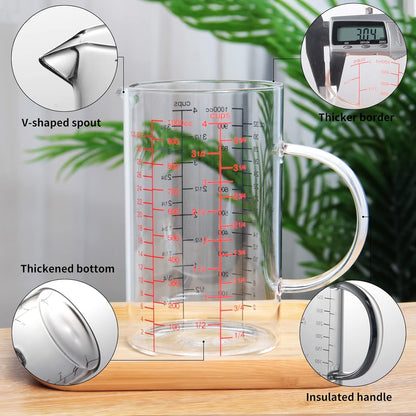 77L Glass Measuring Cup, [Insulated handle, V-Shaped Spout], High Borosilicate Glass Measuring Cup for Kitchen or Restaurant, Easy To Read, 500 ML (0.5 Liter, 2 Cup)