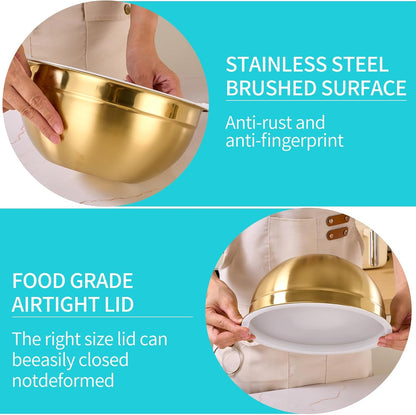 4 Piece Gold Mixing Bowls With Lids for Kitchen, Stainless Steel Set Ideal for Baking, Prepping, Cooking and Serving Food, Nesting Metal Bowls for Space Saving Storage