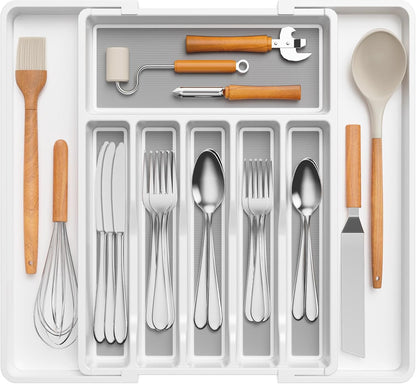 Lifewit Silverware Drawer Organizer, Expandable Utensil Tray for Kitchen, BPA Free Flatware and Cutlery Holder, Adjustable Plastic Storage for Spoons Forks Knives, 11-18 x 14", Black