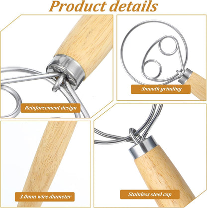2 PCS Bread Wisk, Oak Handle Danish Wisk, Stainless Steel Dough Whisk, Bread Mixer Tool for Sourdough, Flour Paste, Butter, Pancake, Pizza, Cake, Pastry, Biscuits