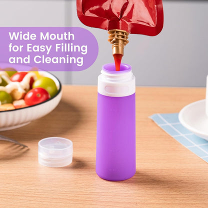 MICEBAY Condiment Squeeze Bottles for Sauces, 2-oz Mini Silicone Salad Dressing Container to Go with Reusable Sandwich Bag, Leakproof Ketchup Bottle for Bento Lunch Box, 4 Pack, Candies