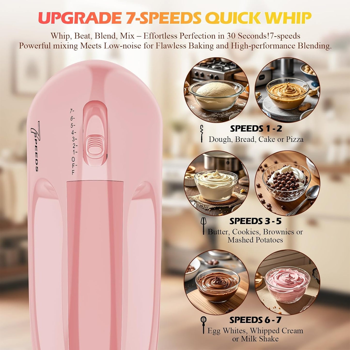 WADODO 7-Speed Electric Hand Mixer – Portable Food Mixer Kitchen Mixer with 304 *(1x Whisk, 2x Beater, 2x Dough hook) for Baking Cakes, Cream, Cookies, Light Pink