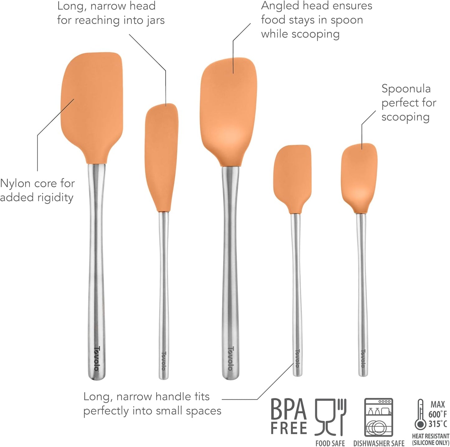 Tovolo Stainless Steel Handled Silicone Spatula Set of 5 White, Dishwasher Safe Kitchen Spatula Set for Cooking Baking, Non Toxic BPA Free Silicone Spatula set with Metal Steel Handle