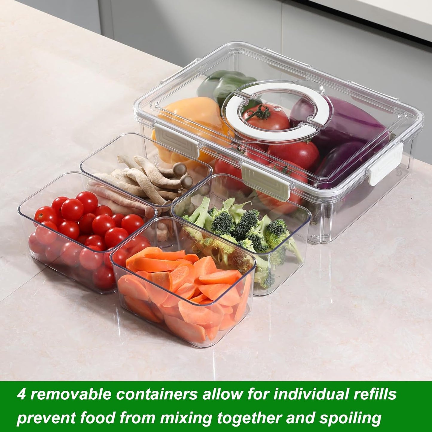 Taiuloo Airtight Fruit Storage Containers for Fridge with Lid & Handle, BPA-Free Snack Box Container with 4 Removable Colanders, Berry Vegetable Fresh Produce Saver, Clear Refrigerator Organizer Bins