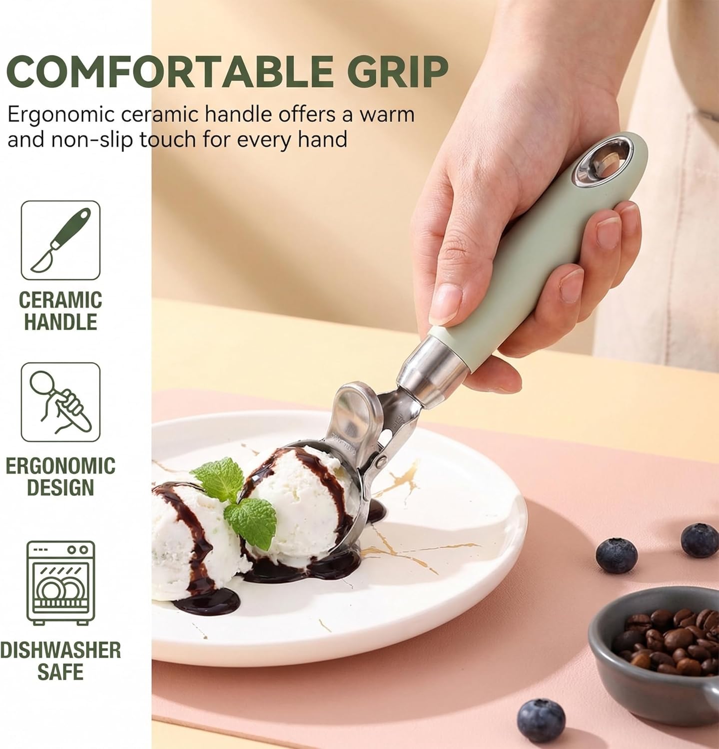 Set of 2 Stainless Steel Ice Cream Scoops - 1.85"x1.85" Deep Scoop with Spring-Loaded Release | Non-Stick Melon Baller for Fruits, Dessert & Cookie Dough