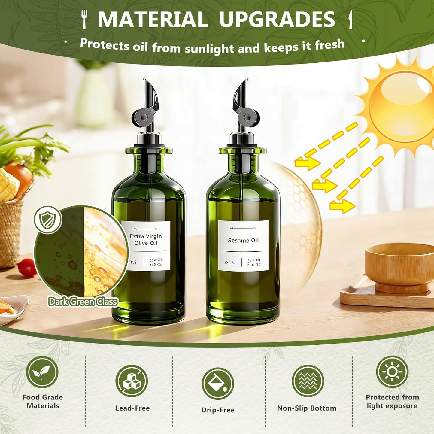 COOLMI Oil Dispenser for Kitchen - 12oz/350ml, Set of 2 Extra Thick Food Grade Glass Olive Oil Dispenser Bottle with Cleaning Brush, Stickers and Funnel (Gold)