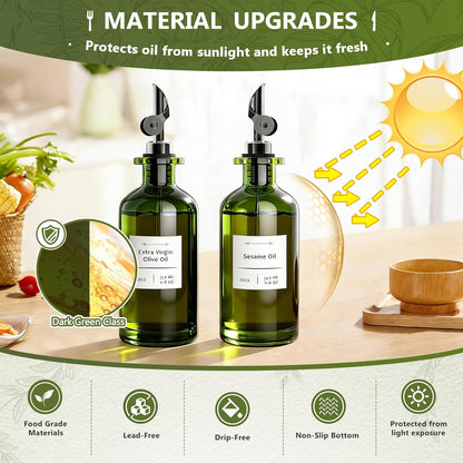 COOLMI Oil Dispenser for Kitchen - 12oz/350ml, Set of 2 Extra Thick Food Grade Glass Olive Oil Dispenser Bottle with Cleaning Brush, Stickers and Funnel (Gold)