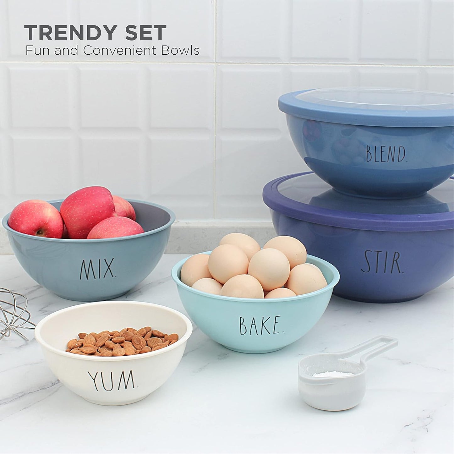 Rae Dunn Mixing Bowls with Lids - 10 Piece Plastic Nesting Bowls Set includes 5 Prep Bowls and 5 Lids (Sage)