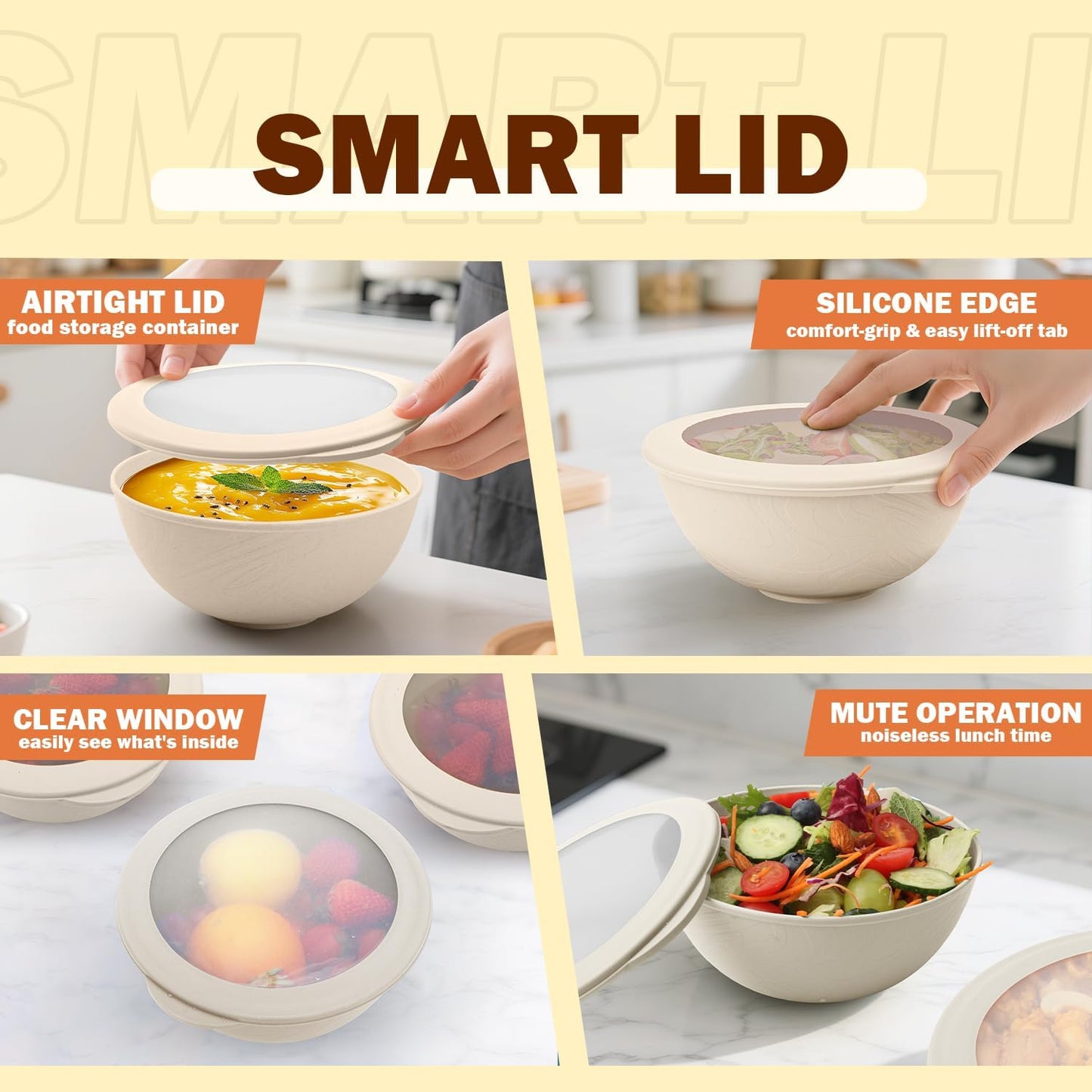 Wheat Straw Bowls Set with Lids, Unbreakable 40 OZ Cereal Bowls Set of 4, Salad Container for Lunch, Microwave & Dishwasher Safe Bowl Set for Kitchen, Picnic, RV, Camping, Multi
