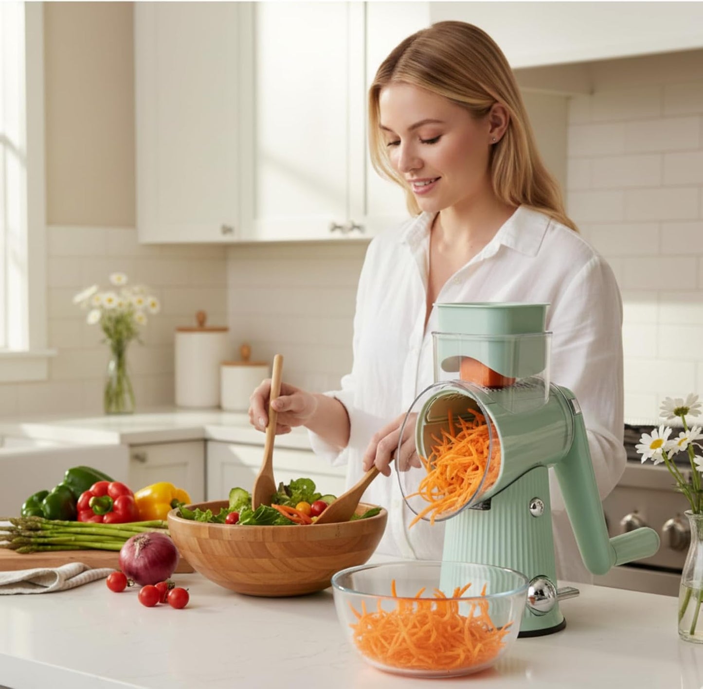 Rotary Cheese Grater with Handle - Vegetable Shredder with 5 Blades & Strong Suction Base, Round Slicer & Food Chopper for Kitchen (White)