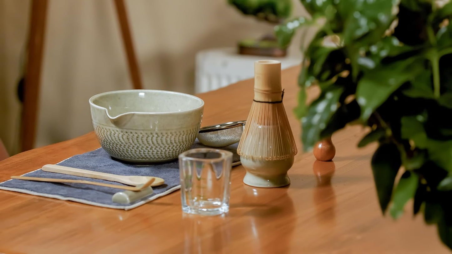 Matcha Whisk Set - 15 OZ Matcha Bowl with Spout and Bamboo Matcha Scoop - Bamboo Whisk (Chasen) - Matcha Kit for Japanese Tea Ceremony