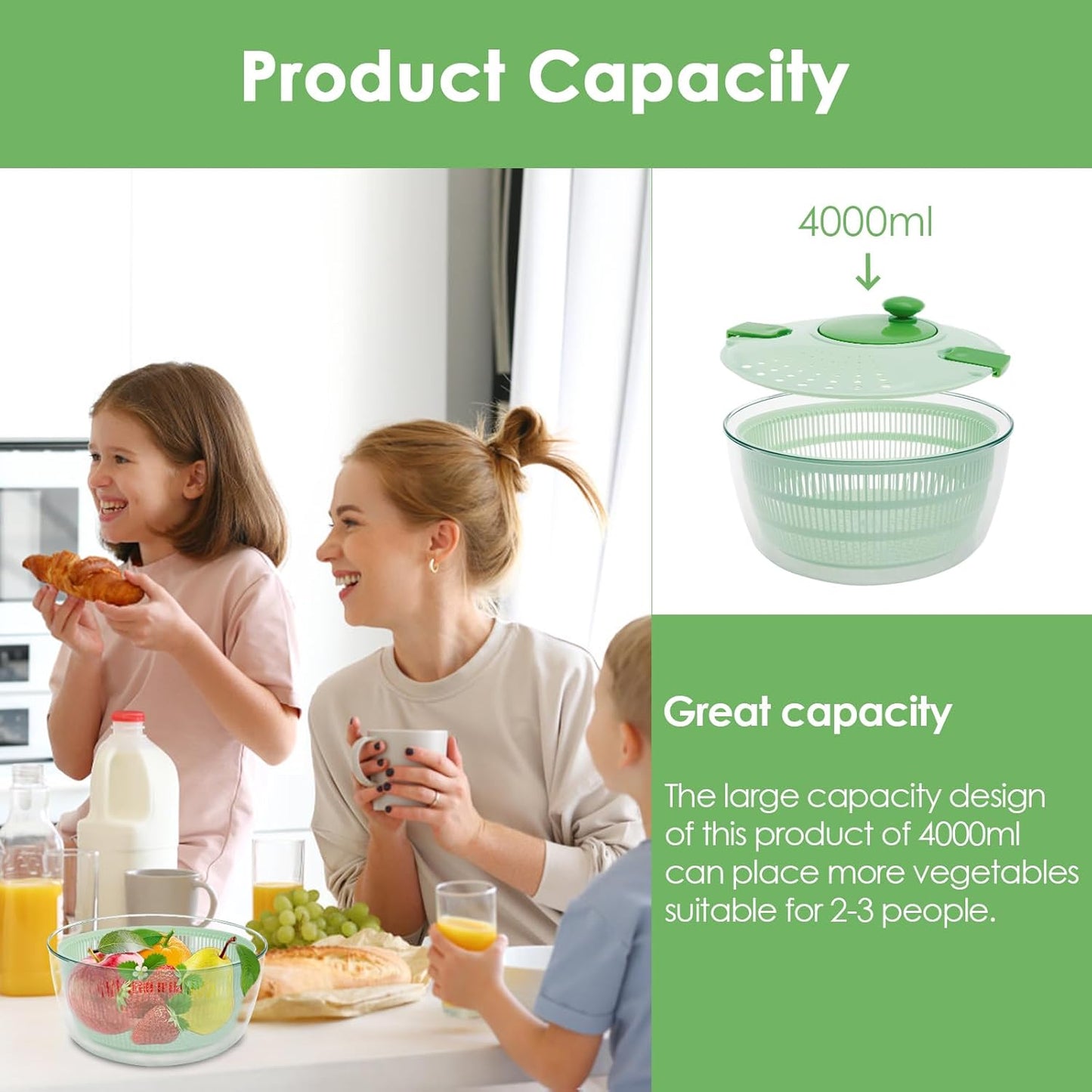 PP Salad Spinner, Multi-Use Basket, 4.22 QT Large Capacity Salad Washer Labor Saving Lettuce Spinner Multiple Water Outlet Lettuce Drainer for Household(Green)