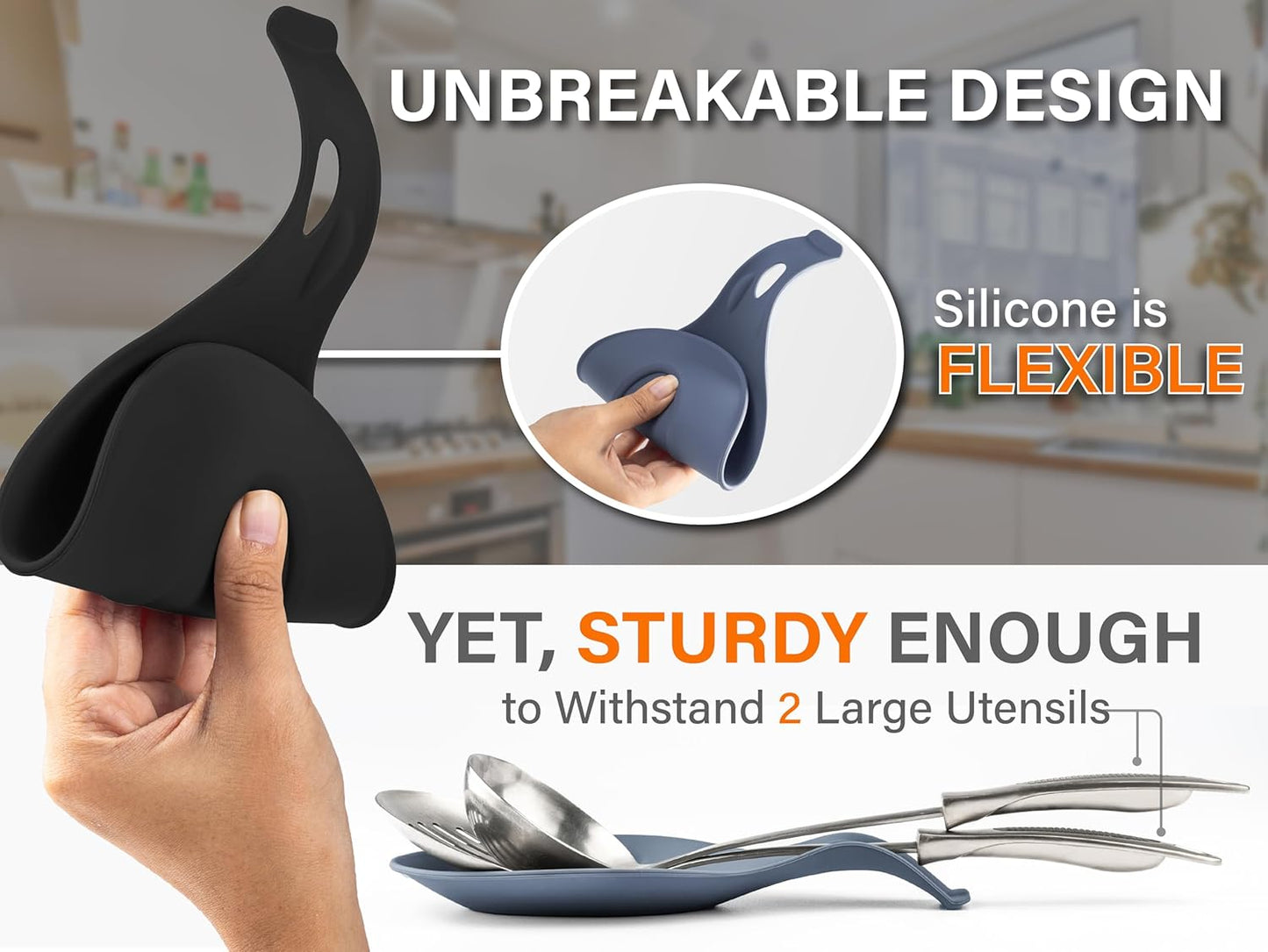 Silicone Spoon Rest for Stove Top Set of 2 – HEAT RESISTANT DISHWASHER SAFE Kitchen Utensil Holder for LARGE Utensils - Won’t Break - Non-Slip - Ideal for Glass & Induction Cooktops - for Home Cooks
