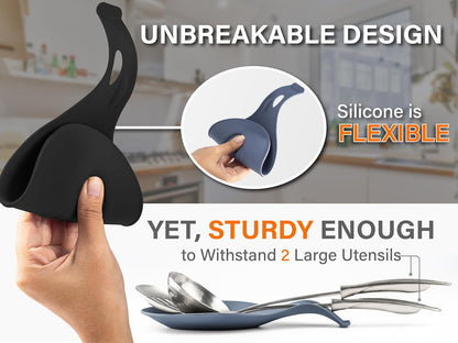 Silicone Spoon Rest for Stove Top Set of 2 – HEAT RESISTANT DISHWASHER SAFE Kitchen Utensil Holder for LARGE Utensils - Won’t Break - Non-Slip - Ideal for Glass & Induction Cooktops - for Home Cooks
