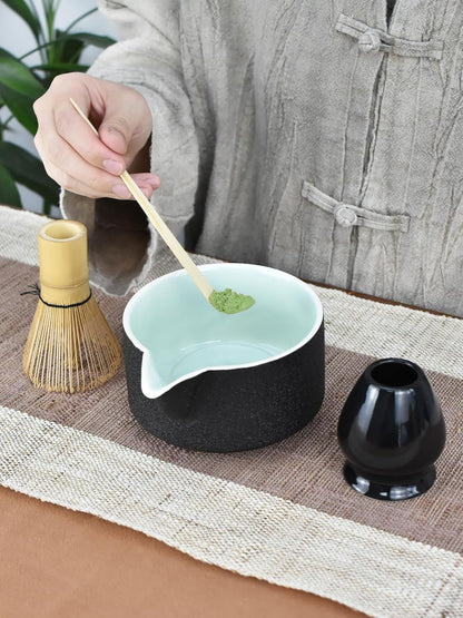 Artcome 4 Pcs Complete Matcha Ceremony Kit - Japanese Bowl With Pouring Spout, Whisk, Holder, Scoop - Tea Set for Making Usucha, Koicha and Latte (Green)