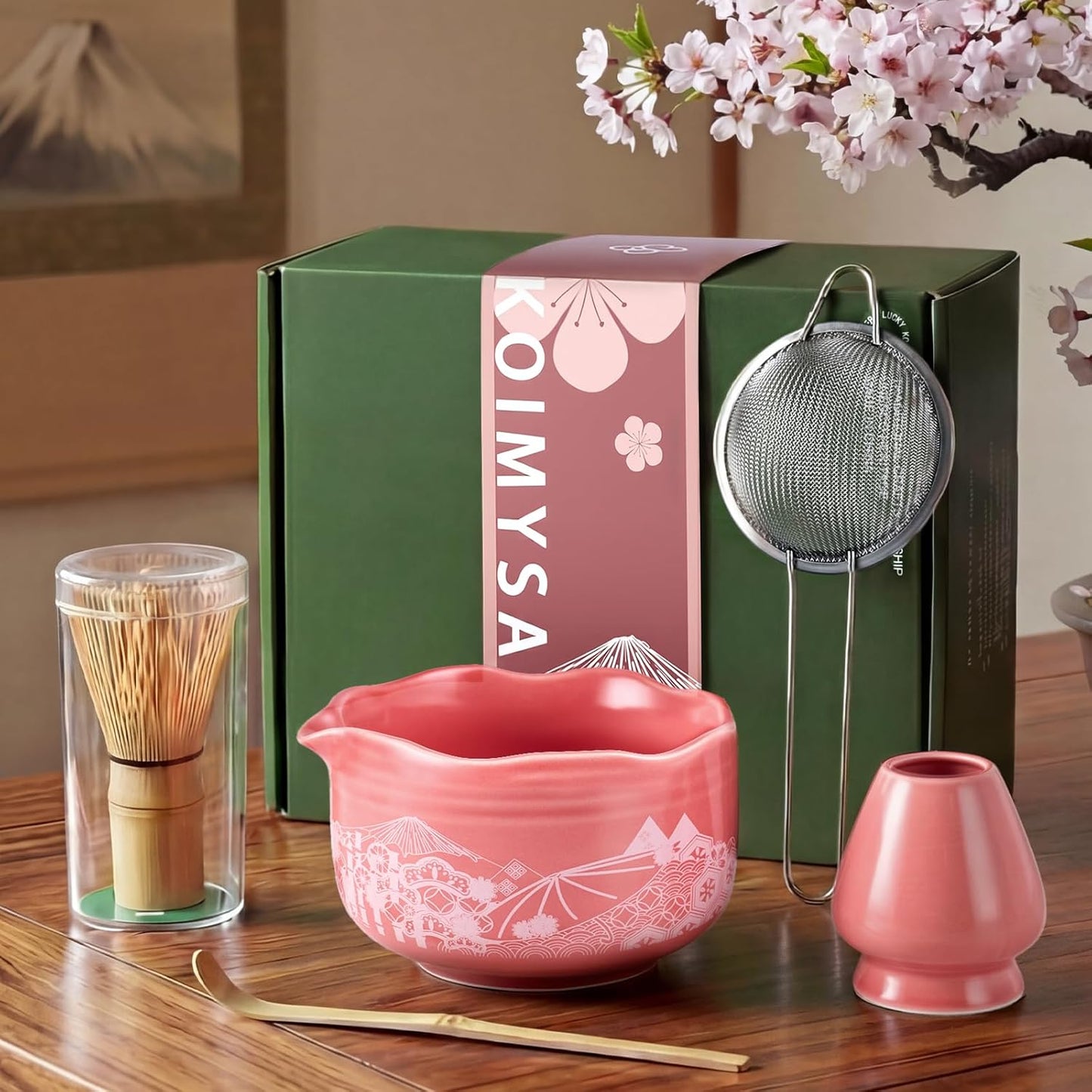 Matcha Whisk Set, 5 Pcs Traditional Japanese Matcha Whisk Preparation Kit, White Glossy Ceramic Bowl with Black Cat and Strawberry Pattern