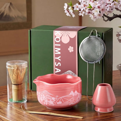 Matcha Whisk Set, 5 Pcs Traditional Japanese Matcha Whisk Preparation Kit, White Glossy Ceramic Bowl with Black Cat and Strawberry Pattern