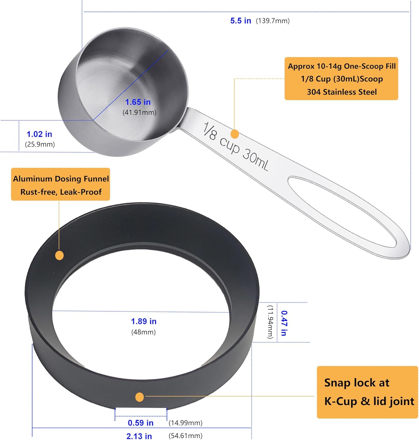 Reusable K Cup Refill Kit, 304 Stainless Steel 30ML Coffee Scoop & Aluminum Dosing Funnel, Fits Keurig 1.0 & 2.0 Reusable Metal/Plastic K-Cups Silver