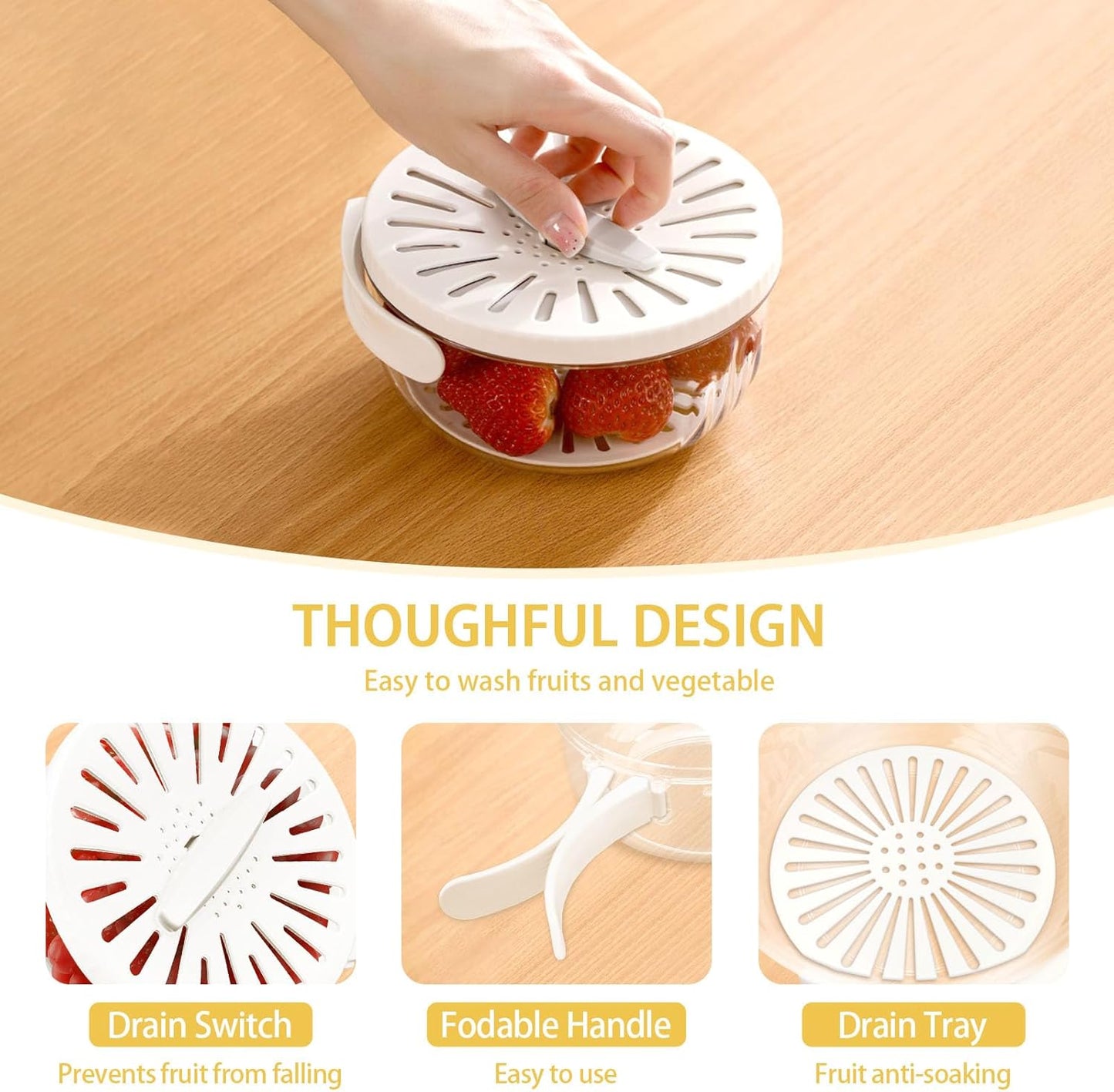 Fruit Washer Strainer Bowl with Foldable Handle, 2 in 1 Fruit Washing Bowl with Strainer with 15 Pcs Food Storage Bags, Fruit Colander Storage Container for Kitchen Fridge Picnic, White