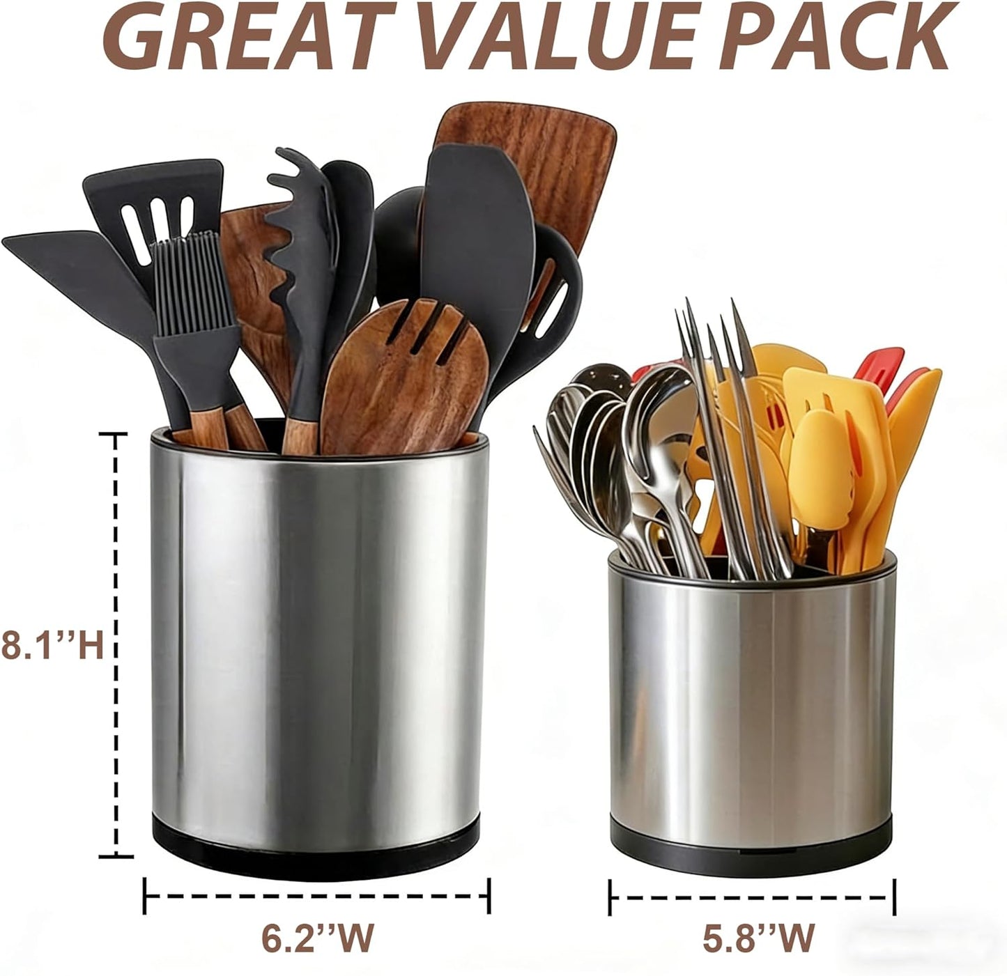 Nigelia Extra Large Kitchen Utensil Holder, 360° Rotating Stainless Steel Cooking Utensil Holder for Countertop, 3 Compartment Flatware Organizer & Cooking Caddy with Removable Base（Silvery）