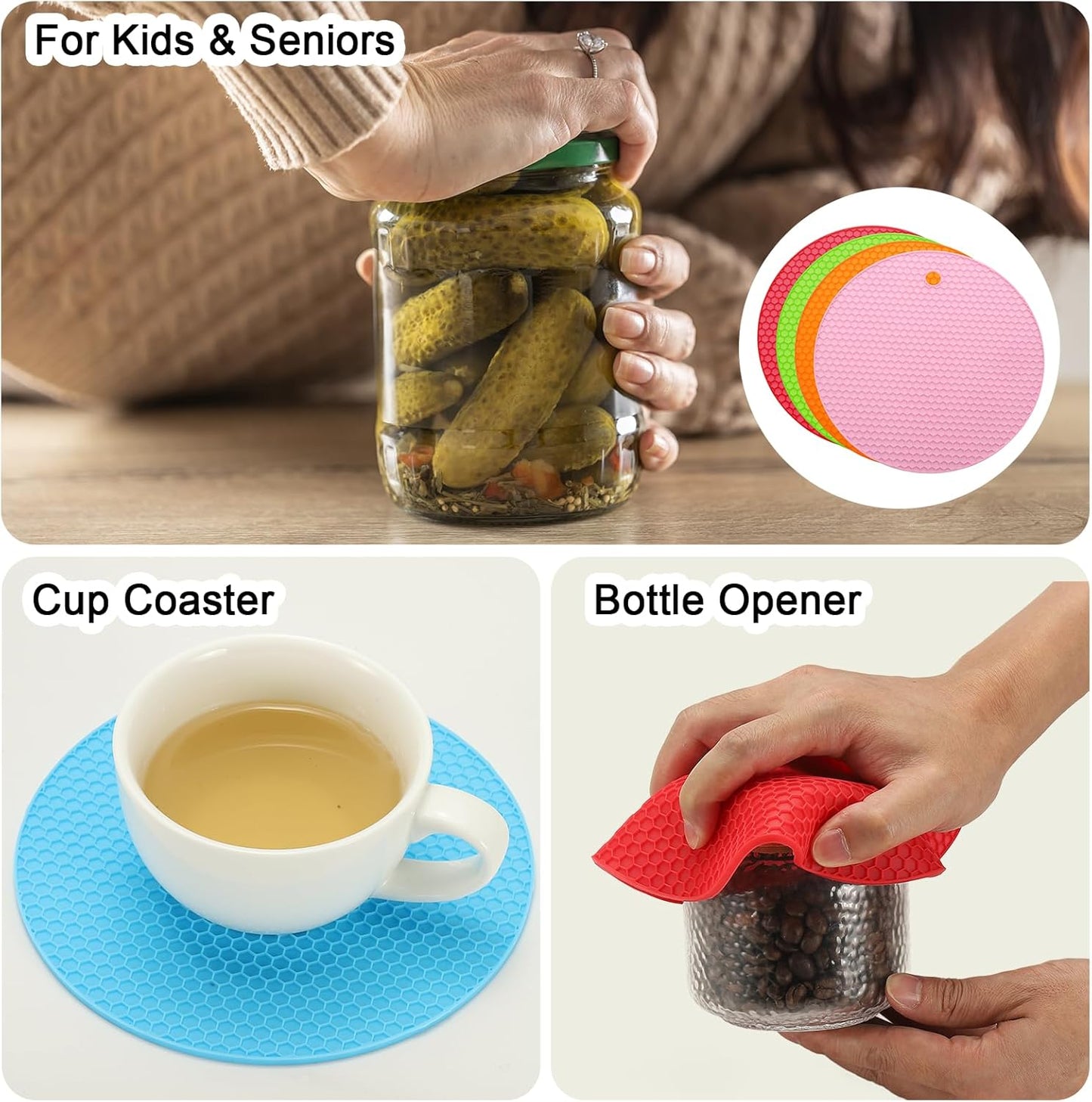 uxcell 4pcs Silicone Jar Opener Pads, 17.5cm/7" Texture Can Opener Multipurpose Round Bottle Lid Opener Non-Slip Coasters for Weak Hands Seniors Children, Black