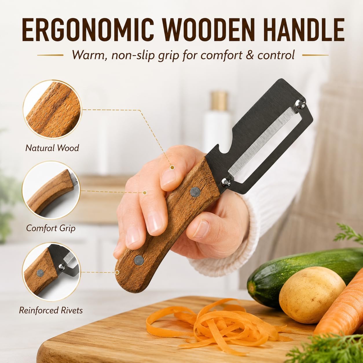 Premium Vegetable Peeler with Ergonomic Wooden Handle & Built-in Bottle Opener - Professional Stainless Steel Blade for Potato, Apple, Pumpkin - Multi-functional Kitchen Tool for Effortless Peeling