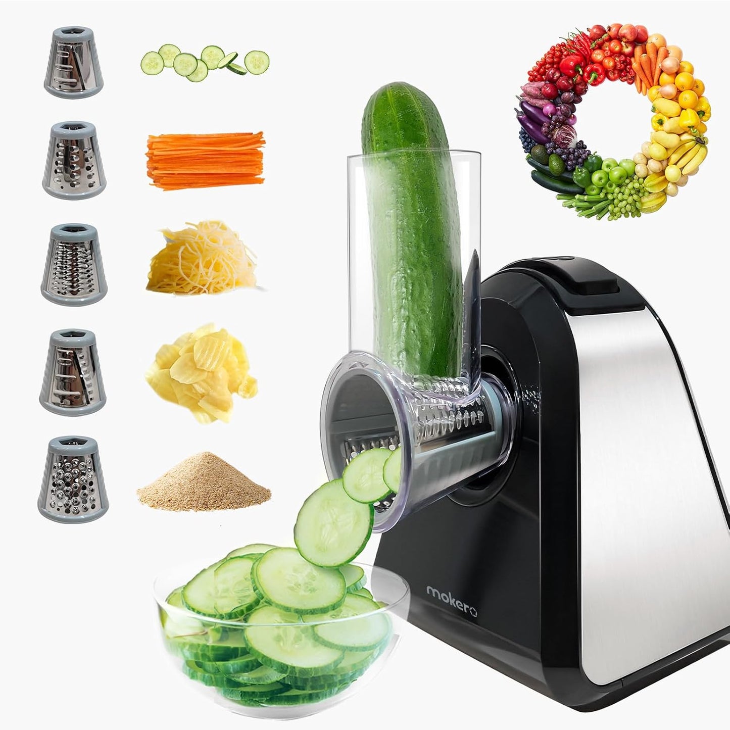 Mokero 5 in 1 Electric Cheese Grater for Block Cheese, Kitchen Automatic Cheese Shredder & Salad Shooter, Easy to Clean Vegetable Chopper for Cheese,Cucumber, Potato, Carrots, Nut