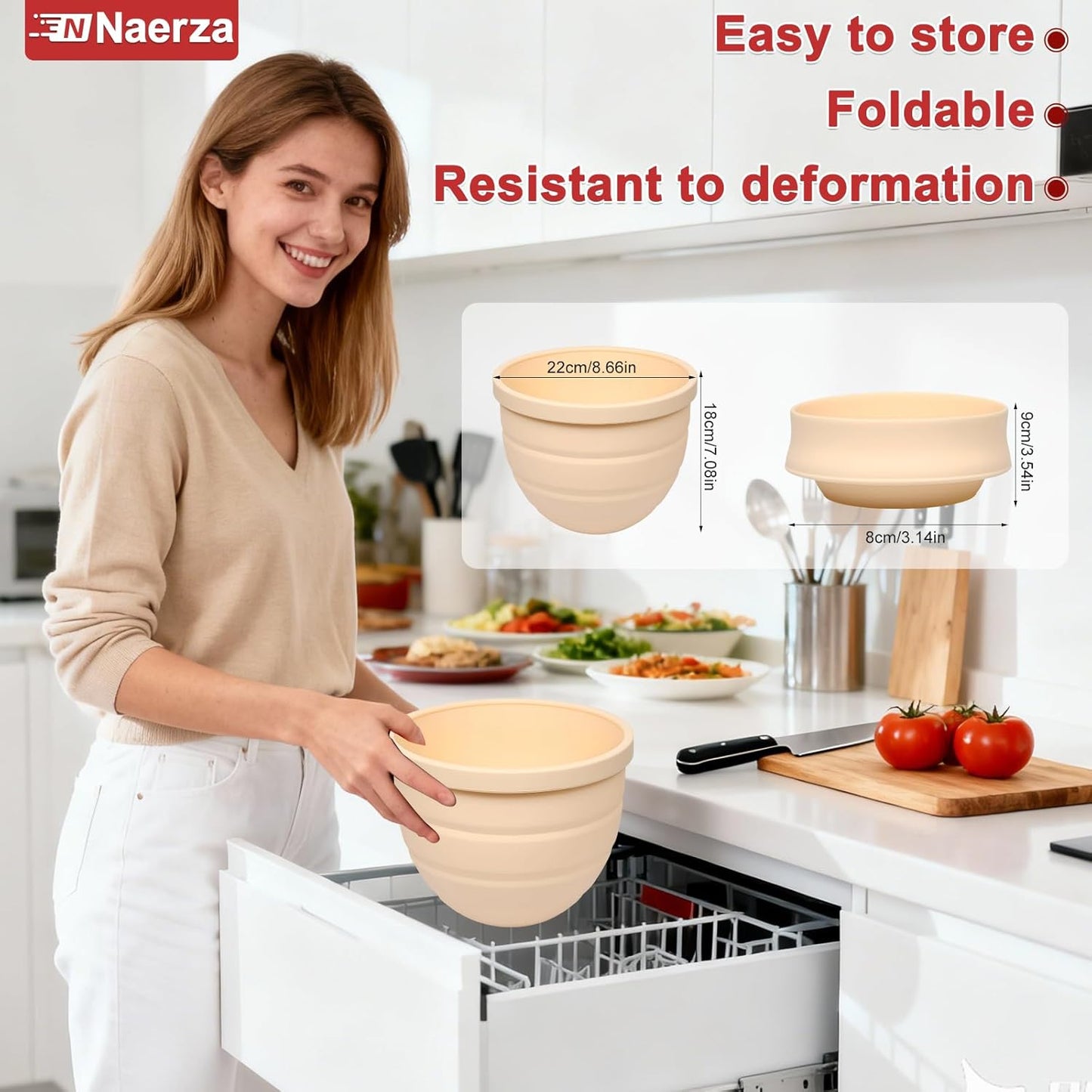 Silicone Bowl Insert for Kitchen Aid 5 Qt Tilt-Head - Patented Design Bowl Liner, 2pack with Lids, Resistant to collapse Thicker Bowl Insert, Foldable, Heat/Cold Resistant (Beige*Pink)