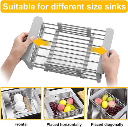 LUEXBOX Expandable Dish Drying Rack Over The Sink, Stainless Steel Drainer Basket with Adjustable Arms for Vegetable and Fruit (Grey)