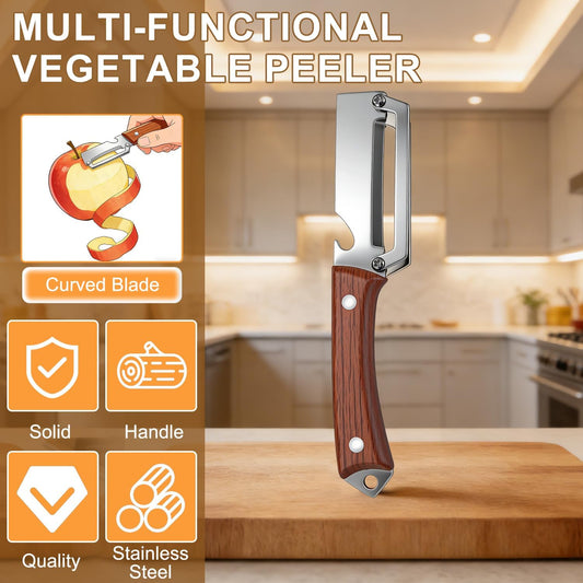 2Pcs Premium Vegetable Peeler with Wooden Handle and Bottle Opener, 3 in 1 Multifunctional Stainless Steel Blade Kitchen Tool for Potato Fruit Pineapple Pumpkin Papaya Carrot Veggie Peeler (Mix)
