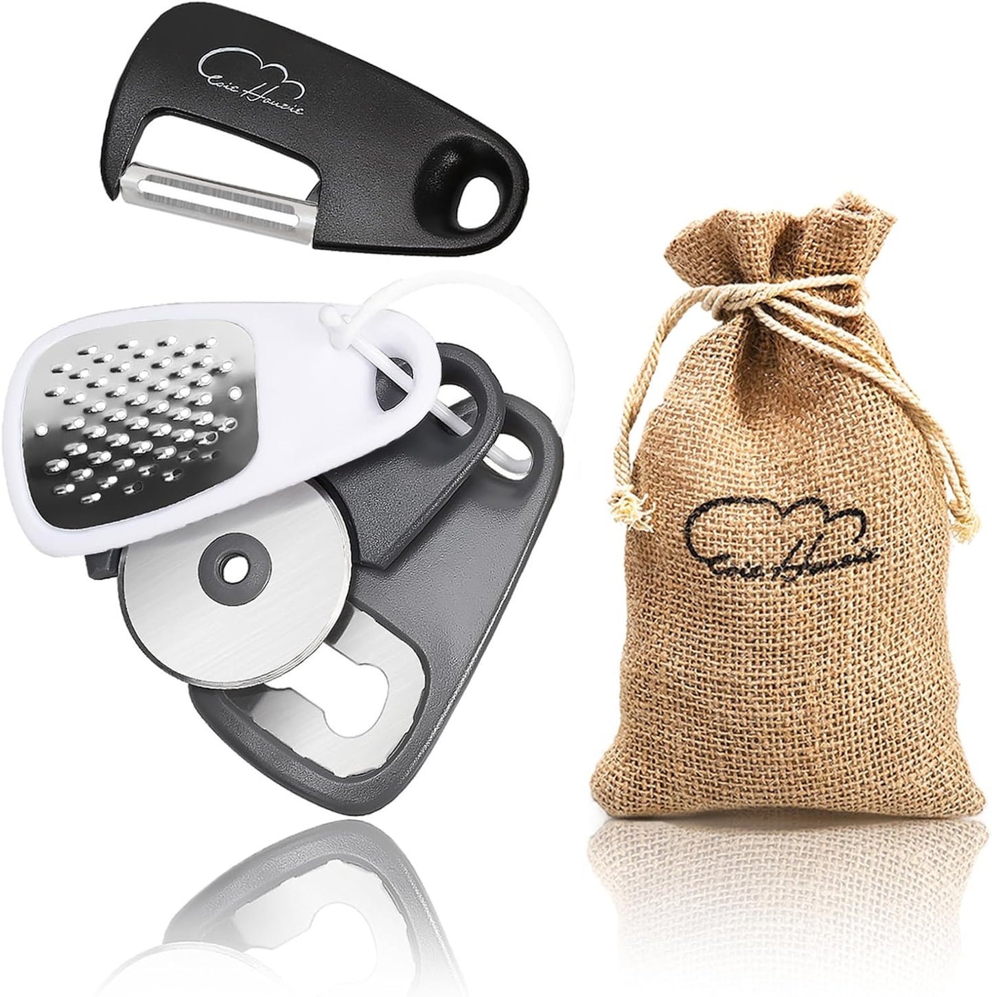 Kitchen Gadgets Set 5 Pieces, Space Saving Cooking Tools Kitchen Accessories - Fruit/Vegetable Peeler, Cheese/Chocolate Grater, Bottle Opener, Pizza Cutter, Garlic/Ginger Grinder Gift Set (Black)