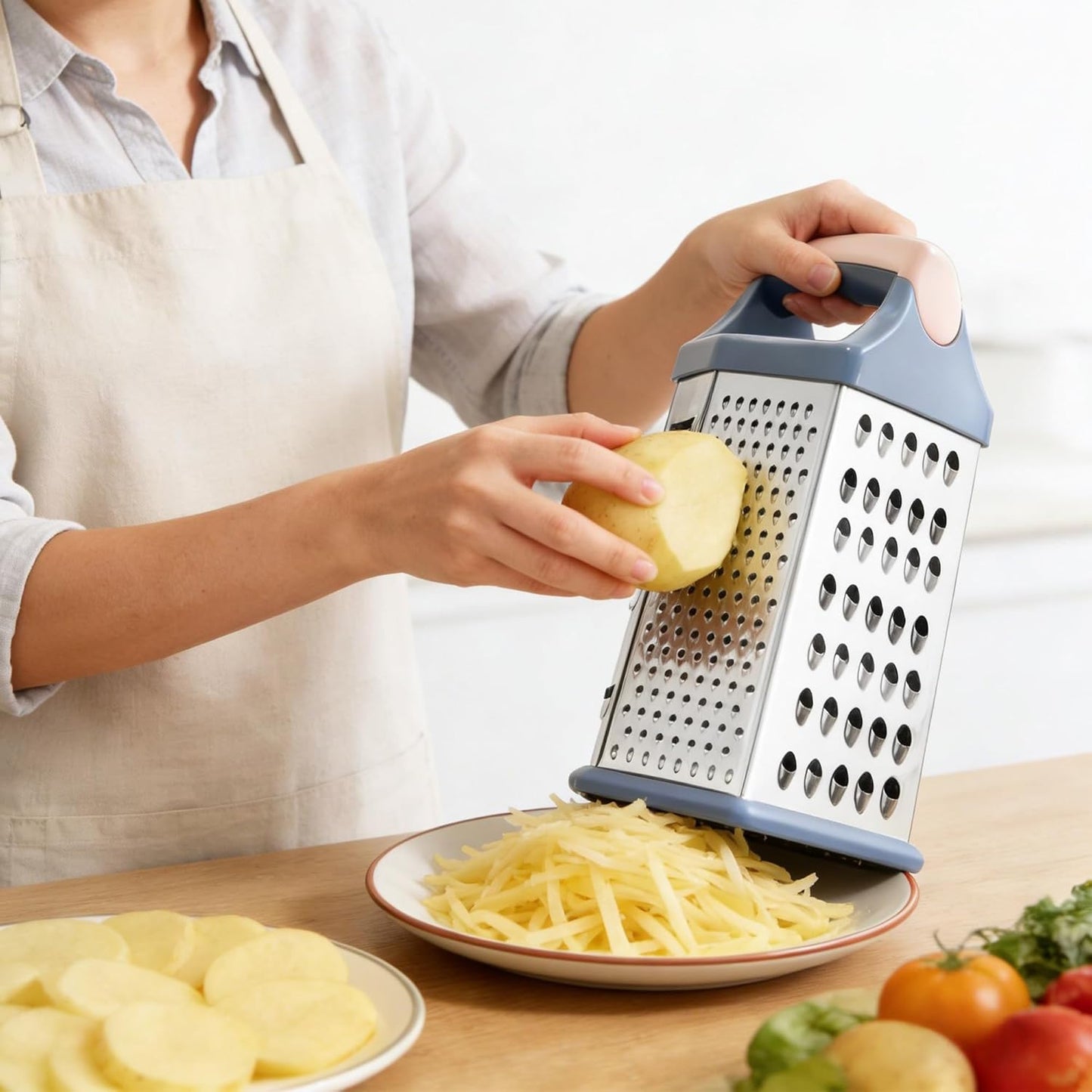 Cheese Grater, 6 Sides Box Graters for Kitchen, Stainless Steel Food Shredders for Cheese Vegetables Potatoes Carrot (Pink Handle)