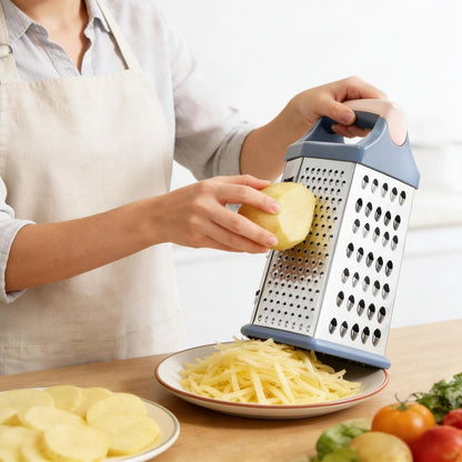 Cheese Grater, 6 Sides Box Graters for Kitchen, Stainless Steel Food Shredders for Cheese Vegetables Potatoes Carrot (Pink Handle)