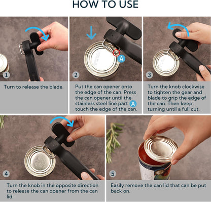 KITCHENDAO Replaceable Can Opener with 3 Extra Blades, Safe Cut Can Opener, Smooth Edge Manual Side Cut, No Sharp Edges Handheld Tin Opener With Super Sharp Replaceable Blade, Black